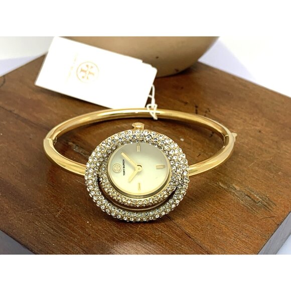 Tory Burch Women\'s Watch TBW7026 Cream Dial Quartz Bangle Swirl Gems Gold Steel